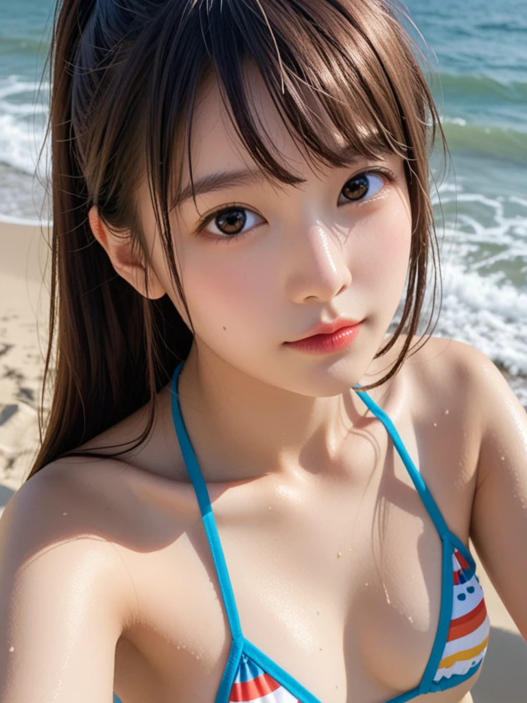 (((20-year-oldの日本人女性が中央に一人)))、Very sexy poses at random、Random very sexy facial expressions、 (8K、highest quality、Mastepiece:1,2)、(Real、フォトReal:1.37)、Super Detail、One Girl、)、(Very detailed)、(Beautiful detailed eyes)、(highest qualityの)、(Super detailed)、(Mastepiece)、(Detail face)、20-year-old、1 person girl、Black Hair、Twin tails、Big Breasts、Upper Body、looking at the camera、Beach、sunny、Sweaty, shiny skin、Skin that shines white with sweat