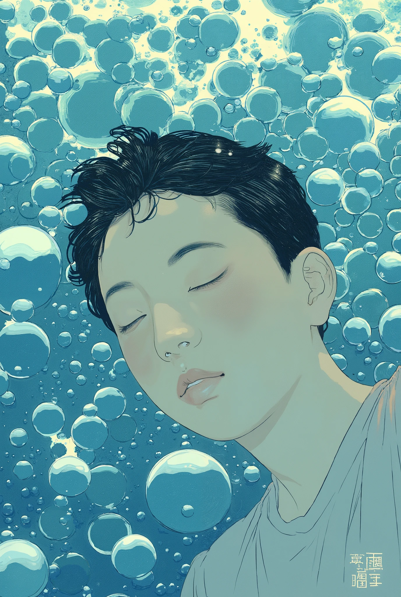 There's a boy in the water with lots of bubbles, Gu Wei-zhi-style work, REALISTIC DIGITAL ART, Shinkai Makoto Cyril Roland, exquisite digital illustration, beautiful digital artwork, beautiful digital illustration, beautiful digital illustration, Inspired by the Zheng Yan Army, Glossy Digital Paintings , Inspiring digital art, digital art picture , digital anime art
