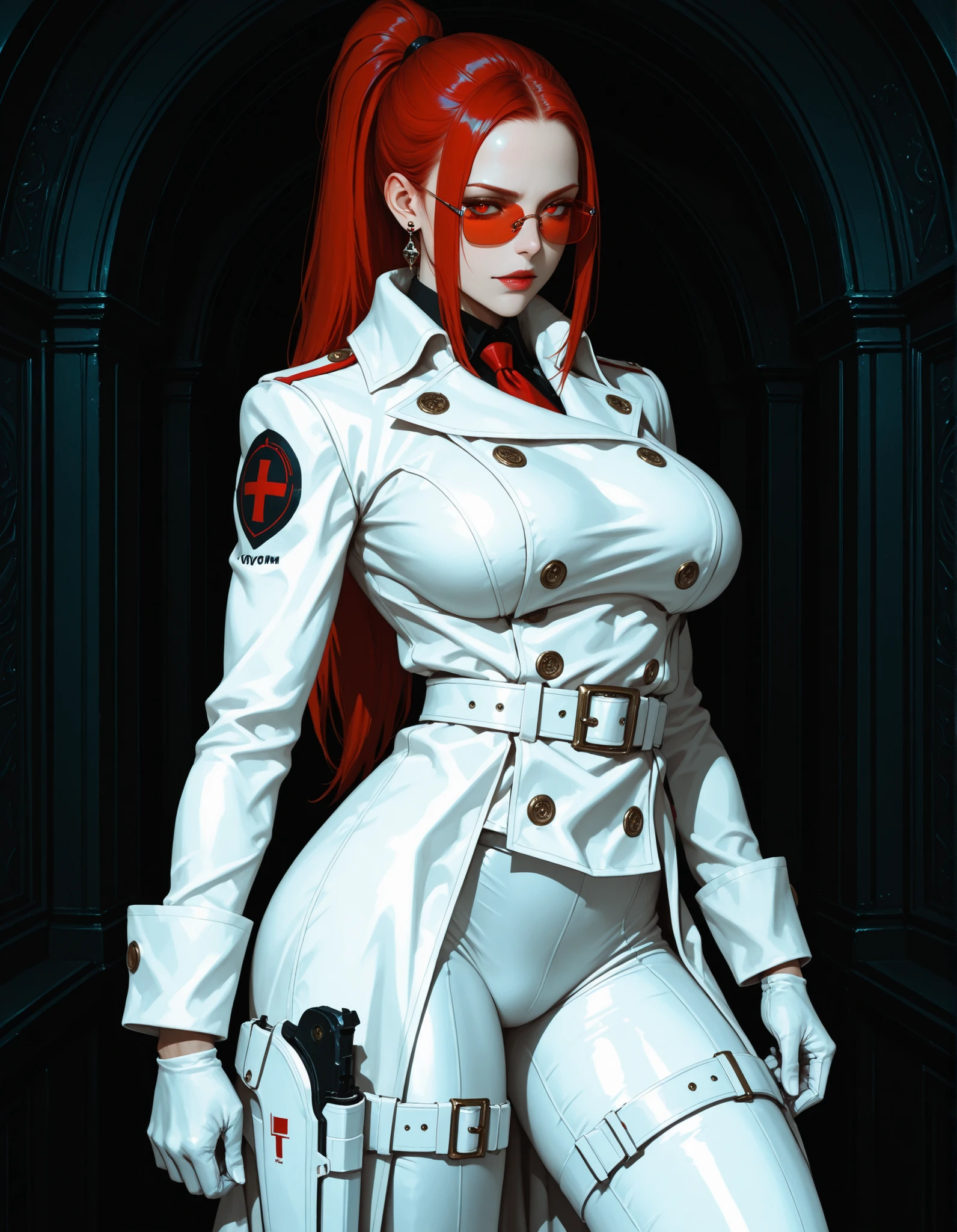 [cowboy shot], a beautiful young woman with long red hair, slim body, thin waist, narrow hips, detailed facial features, ((wearing high quality high waist black leather pants)), ((a formal white colored silk shirt with cleavage and long sleeves)), ((a white fur coat with red lining)), ((luxury waist belt)), ((slightly red tinted glasses)), ((black latex gloves)), ((expensive reflective silk scarf)), holding a handbag, hand on waist, (best quality,4k,8k,highres,masterpiece:1.2),ultra-detailed,(realistic,photorealistic,photo-realistic:1.37),high fashion,editorial,dramatic lighting,cinematic,vivid colors,intricate details, glamorous, ((coat on shoulders))