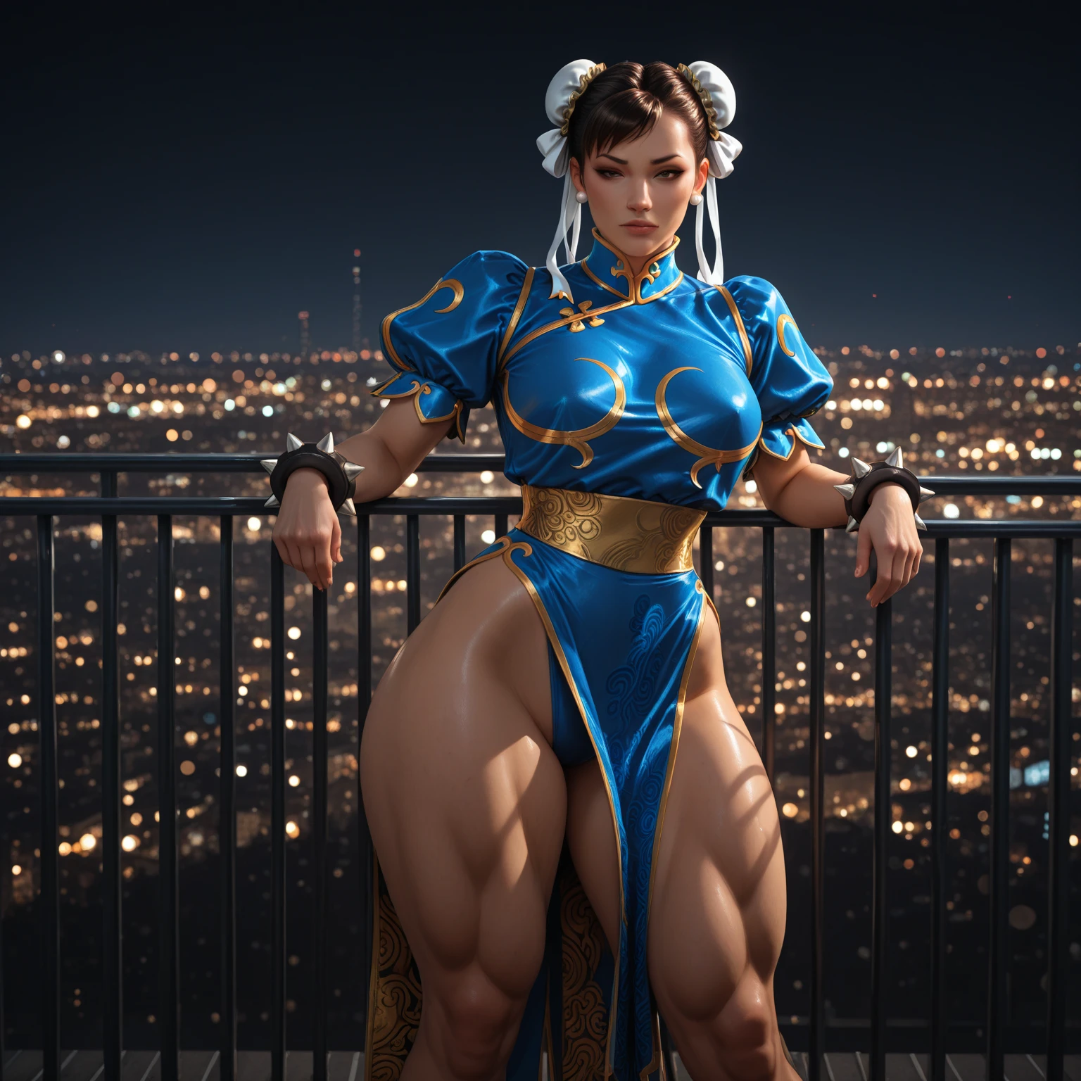 chun li from steet fighter wearing a tight white outfit, skinny frame, skinny legs, medium breast, red hair beauty, cyberpunk city background, holding retro space-gun, green headband, slim waist, slim thighs, skinny thighs, thin thighs, slender thighs, thigh gap, thigh gap, 