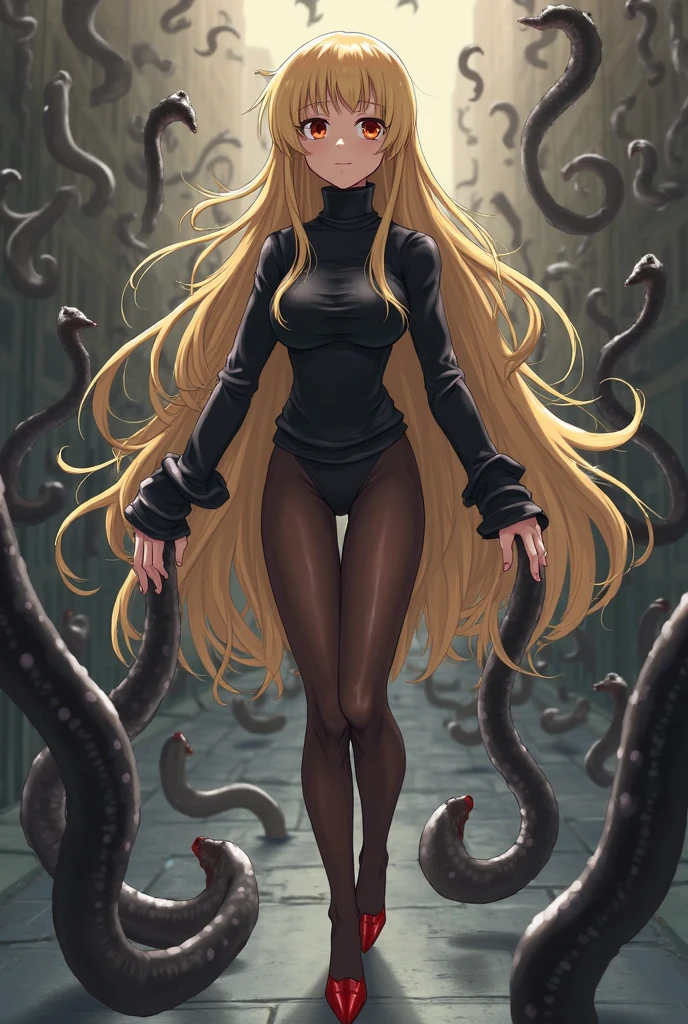 ((1girl ,20s,mature female,teen)),happy face,white shirt,short sleeves,(black standard tie),white school skirt,blonde hair,long hair, full body, classroom,shoggoth,body horror