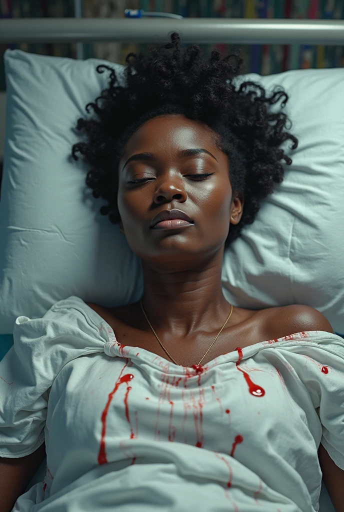 ((melhor qualidade)) ((hiper realista)) ((hiper detalhado)) ((4k foto)) Beautiful and hot black girl, with braid curly hair, beautiful body and legs, Very big boobs, beautiful mouth, beautiful and pointed nose, dressing sexy tshirt , dead in mortuary with small wholes in your body by gunshots, dead with closed eyes, blood dripping of The body, closed eyes, good ilumination in ambient, Focus on The
