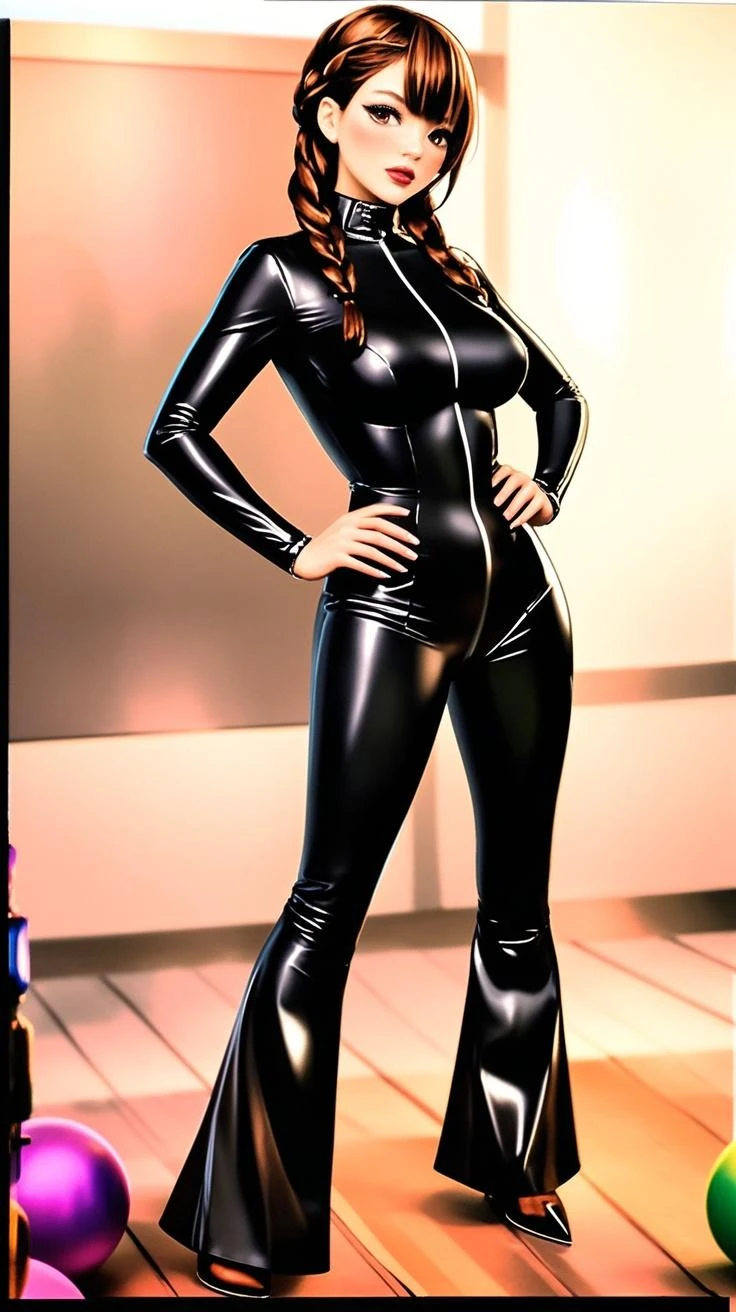 a woman in a black outfit and boots standing with her hands on her hips, beautiful full body , Lucy lawless, brown hair