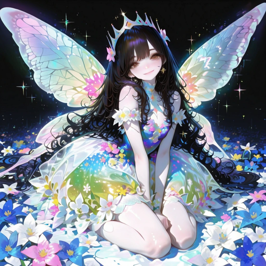 (Starlight Butterfly: 1.5), Giant butterfly, Butterfly wings, Butterflies fly, Giant starlight butterfly in the night starry sky, Surrounded by galactic starlight, Dark Souls boss Moonlight Butterfly, Dancing in this mysterious forest, The delicate wings are as crystal clear as transparent crystals,Shimmering with a soft glow。Each wing is inlaid with brilliant and colorful crystals,From blue to purple,It shines with the sheen of starlight,A faint blue glow)。The background is a fantastical forest of elves,The trees are verdant,Tiny elves fluttered among the leaves,They shimmer,Leave a trail of shining marks in the forest, Bio-luminescence,with dynamism,Colorful,colours,(with light glowing,with light glowing),(美丽的构图),电影灯光,iintricate,(Butterfly wings are symmetrical: 1.0),whimsically,Surrealism, Cubist Futurism, Ghibli-like colours, first-person view, Wide-Angle, UHD, masterpiece, ccurate, anatomically correct, textured skin, super detail, high details, award winning, 8k