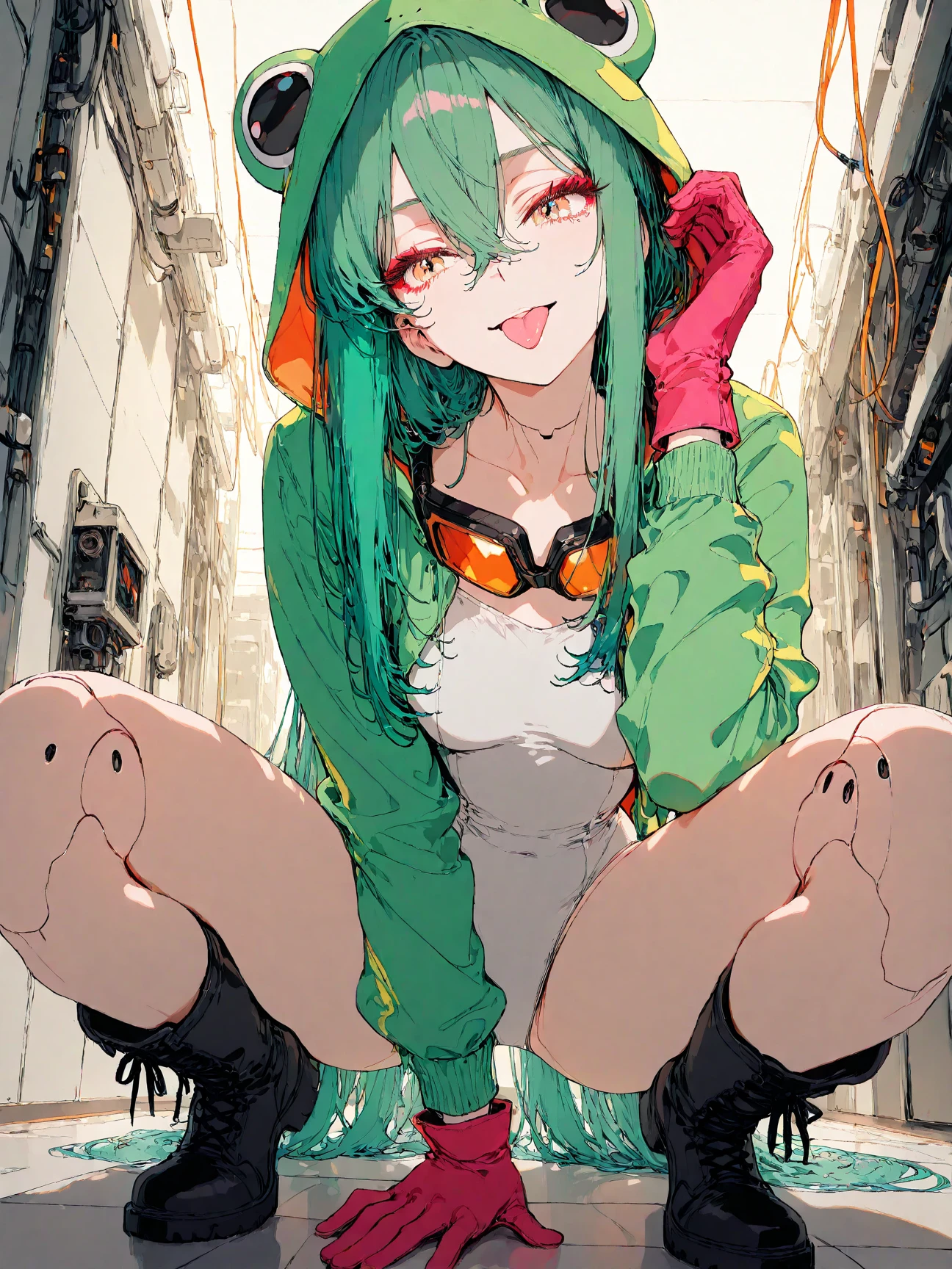 (Masterpiece), Best Quality, ultra-detailed, 1girl (zodiac_mallow, lovely small breasts, dark skin, green hair, long hair, twintails, headband, pink flower in hair, green eyes, half-closed eyes), a come-hither face, , parted lips, nose blush, blush, facing viewer, looking at viewer, solo, black jacket, leather jacket,undress,dark skin, bare one
shoulder, white tank_top, covered nipples, cleavage, navel, denim short shorts, outdoors, street, standing, spread legs, come-on, love juice flows out of her pussy , from_below