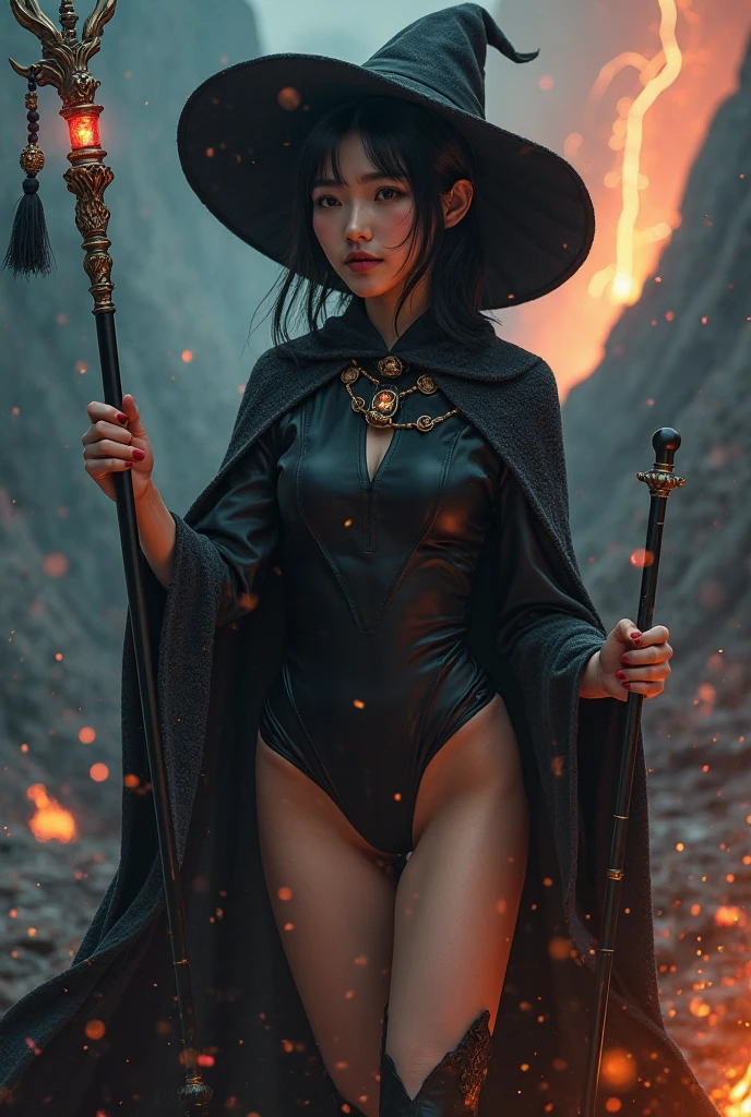 solo, 1girl, fantasy wolrd, sexy witch, staff of magic, fire folating around her.