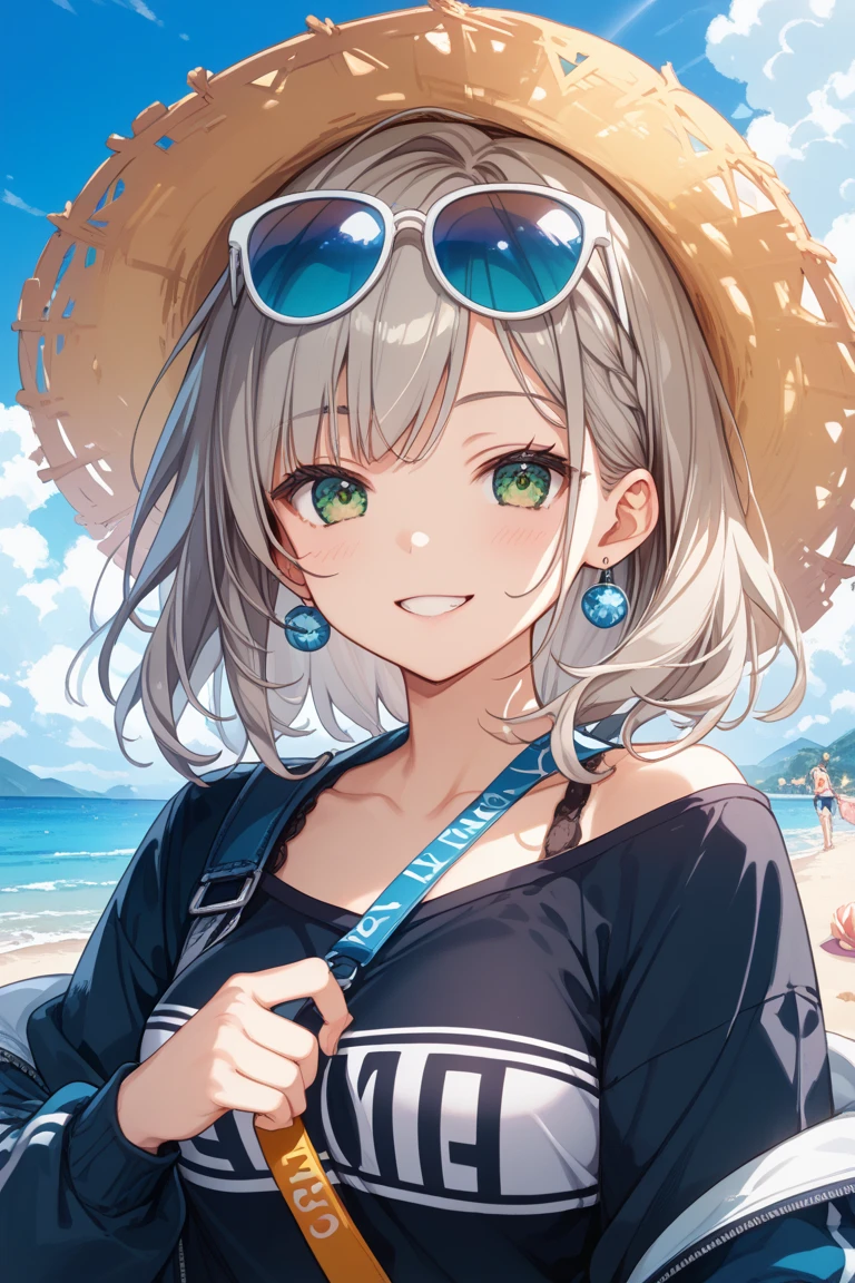 Student Swimwear,White hair,Long hair,Cat ear,Heterochromia blue-yellow,Smile,Female face,There are bright spots in the eyes,Female hands,White little hands,Normal fingers,flat chest,Solitary,Summer,Beach,Halo