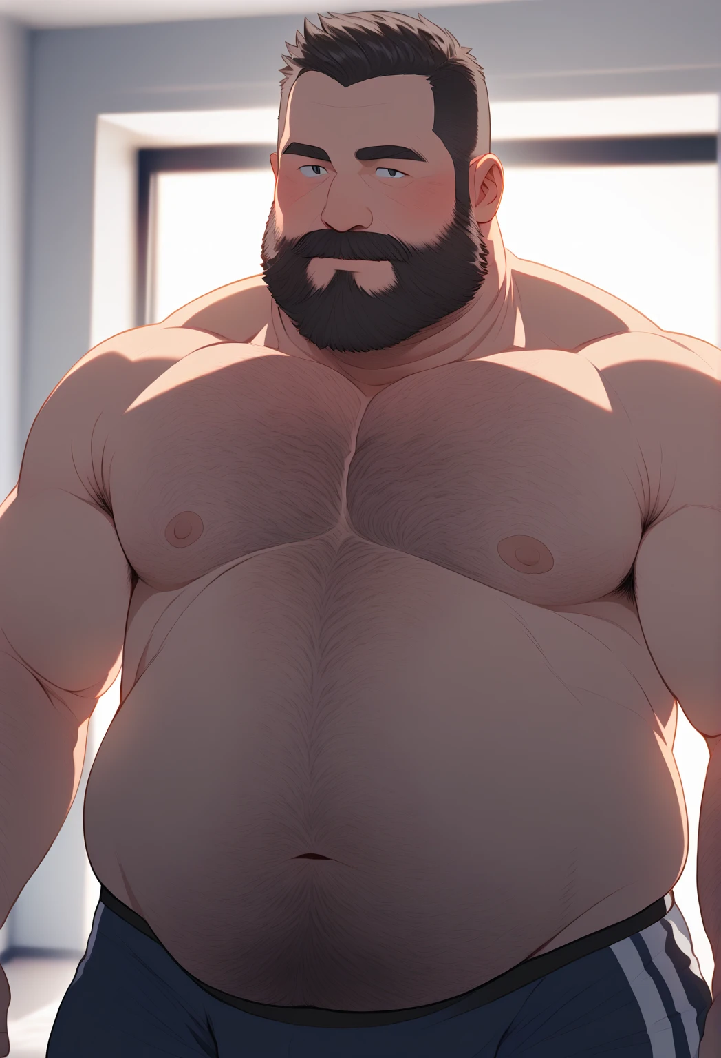 40 years old white Male, tall, giant body, handsome, dad bod, beefy, strong arms and legs, wide shoulders, a bit chubby muscle gut, a bit of fat but still very muscular, extremely hairy, a lot of body hair, short beard, wearing an untie black bathrobe with long sleeves, wearing a black boxer brief, unrealistic oversized big bulge, barefoot, smirking, modern minimalist living room