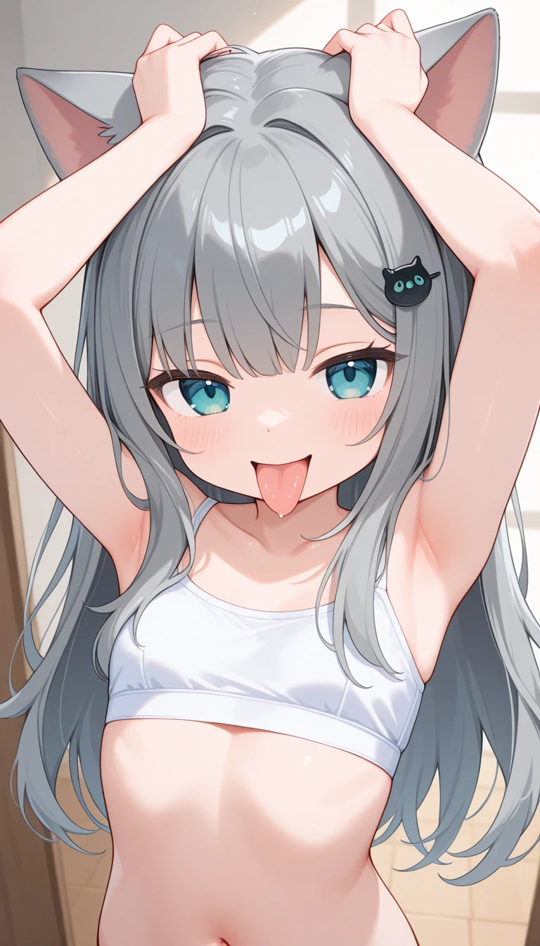 best quality,best resolution,solo,(fluffy anthro furry :1.6),cat girl,medium breasts,(white hair),ponytail hair,wavy hair,long hair,blue eyes,glistering eyes,sparkle eyes,(white fur :1.6),(black bra),denim shorts,sweating,summer,steam surrounded,living room,full face blush,heart expression,upper body only,seductive face,smile,open mouth,fangs,close up,selfie