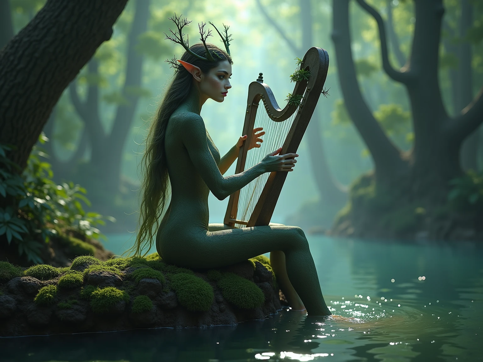 A beautiful and alluring female elf stands by a serene forest lake, her reflection shimmering in the water. She has long, raven-black hair and piercing blue eyes. Her attire is a revealing green dress made of leaves and vines, accentuating her slender figure and long legs. She plays a delicate flute, and magical glowing butterflies surround her. The lush greenery of the forest, combined with the soft, ambient glow of bioluminescent plants, creates a peaceful and mystical scene. Aim for realistic depiction, make sure photos are at highest resolution (8K)