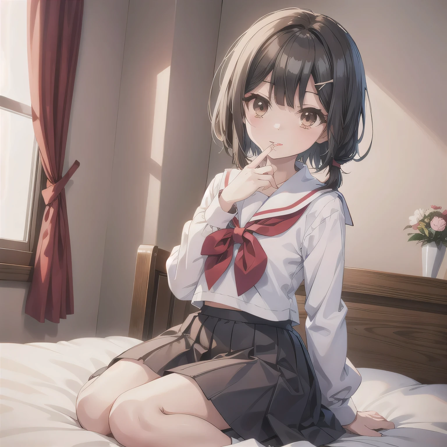 A cute anime girl wearing a Japanese schoolgirl sailor uniform. She is sitting on a bed in a cozy, plush-filled girl's bedroom. Her hands are lightly clasped in front of her mouth, as if holding something invisible. Her expression is dreamy and happy, with slightly parted lips, giving the impression she's about to take a bite of something delicious, though no food is shown. Dark hair, short hair, short braids, side locks, brown eyes.