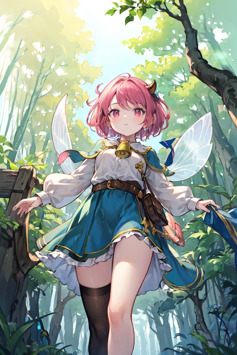 10 year old fairy woman with dragonfly wings on her back long curly pink hair , peinado desorenado con orejas puntegudas ,Medieval archer's clothes pink color green eyes holding a dagger brown shoes brown leather belt jade ornaments on a forest background with magical symbols