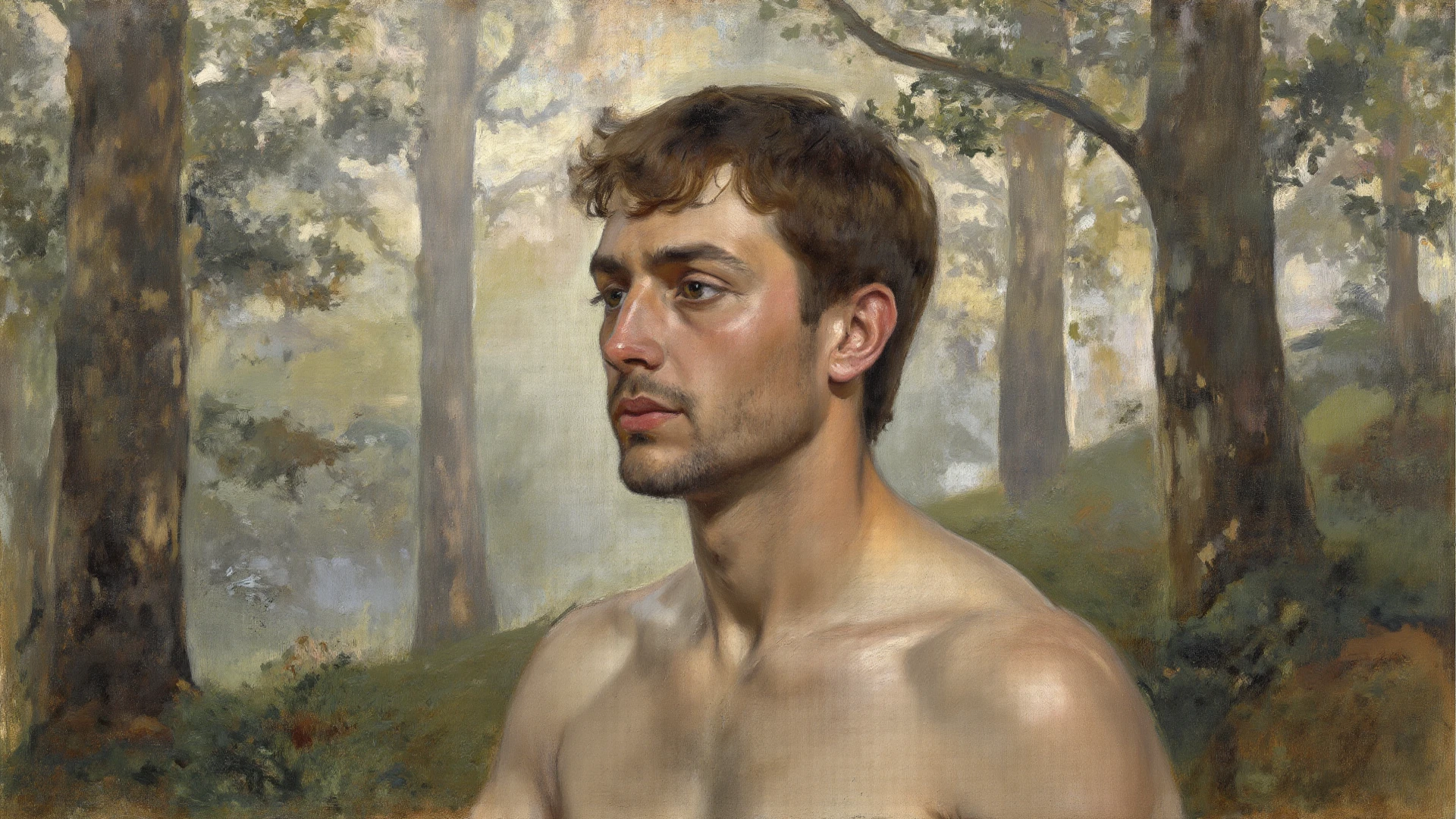 tanga de peles. (((Celtic Pre-Raphaelite painting naked, wounded and bleeding warrior, pintado de azul, Picto, in a swamp with many jucos and reeds, paisagem celta)))