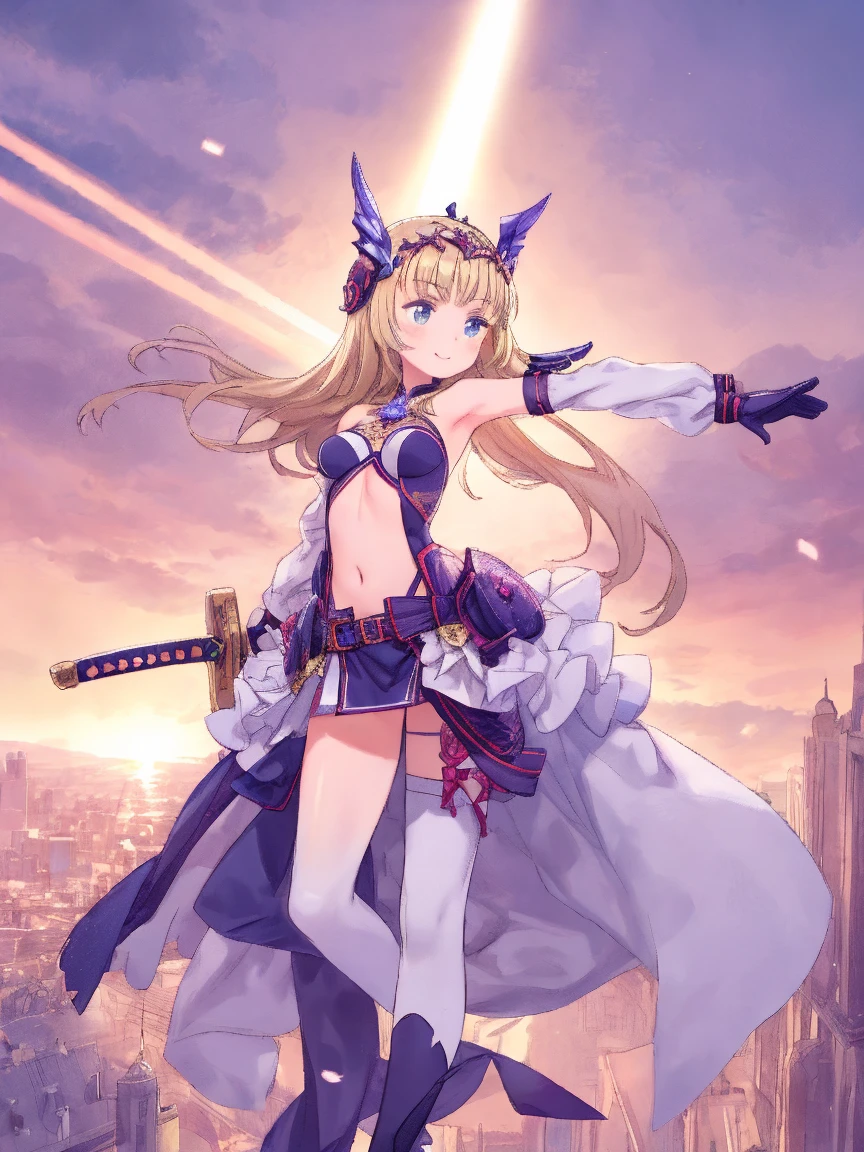 ((highest quality)), ((masterpiece)), (get used to it), perfect face, American with short, shoulder-length blonde hair、Breasts are F cup、outstanding style、28 year old female。she、Symphogear、Maria Cadenzavna Eve、Wearing Agarthram Armor。 Hold a short sword in each hand、Ready for battle。The background is、night空の見えるビルの屋上、Tokyo。night