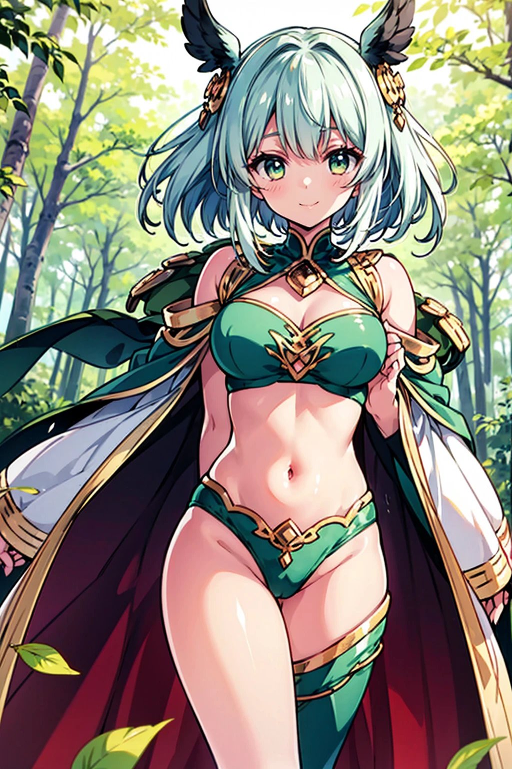fantasy, 1forest_elemental_girl, tiny,(dark_skin)0.9, (using_leaves_clothes, green_leaves_covered_breasts, leaves_covered_pussy,covered_nipples)+++,(gigantic_heavy_tits:1.1), walking, (smile, sleepy)+, medium_hair, navel oil, (winding_vine_around_torso)++, forest_background, leaves_headgear, green_leaves_cape, spread_arms, large_staff, leaves_thighhighs, big_ass,solo,(pelvic_curtain:0.9), tabard,