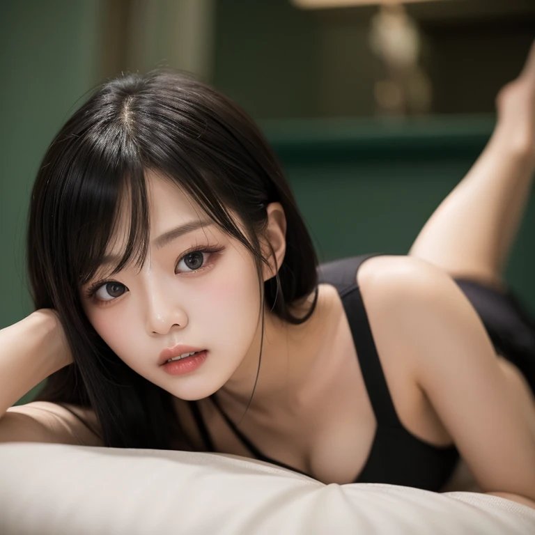 photorealistic, film grain, candid camera, color graded cinematic, eye catchlights, nsfw, (make-up, double eyelids, K-pop idol, eyeliner), 1girl, Korean, cute face, perfect face, perfect body shape, big chest, long black hair, naked, laying on top of bed, spreading legs, tight virgin pussy, ultra detailed, atmospheric lighting, skin pores, imperfections, natural, shallow dof,