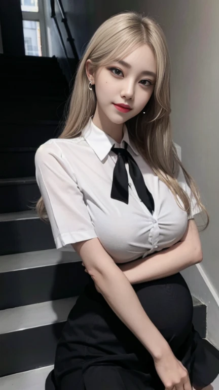 (8ก,high resolution,Masterpiece, best quality, alone, complicated details, Chromatic aberration), realistic, ((Moderate breath)), hair in one eye,purple eyes, big round hoop earrings, sharp eyes, Diamond choker, red gemstone necklace,(symmetrical eyes),(Perfect symmetrical body),Photo of a beautiful 21 year old teenage girl......,(fit the body), ,Beautiful and charming with contemporary fashion paintings as well.........., looking at the audience, ((Behind the scenes of a large classroom)), (black short skirt), ((The young woman wore a form-fitting white short-sleeved shirt......., unbuttoned, Revealing breasts)), ((A short black pencil skirt with a deep slit on the side........)), belt, ((Put your hands down.)),Bob, long hair, Side flatness,,Copper blonde hair, sit, sharp eyeliner, Eye shadow blush with thick eyelashes, Very delicate and beautiful, round chin, Sharp focus, elegant,sit fully on the study table Turn your head with your legs open at eye level., Open your legs and lift your right leg over your left leg.., Let it rest naturally at eye level..., Separate your legs slightly.... dynamic gesture, University outfit, (((Revealing underwear)))
