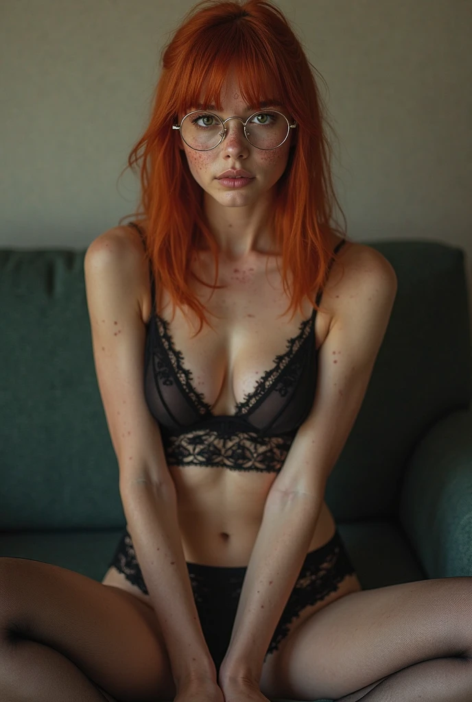 A red-haired female influencer with green eyes, an innocent look and full lips. freckles on her cheeks. medium breasts. Very sexy butt. A mole on the right breast. rounded buttocks. wears glasses. Sexy. attractive. Full body wide shot from head to toe. in 8k. very detailed, Young woman with wide hips wearing a black lingerie set and white stockings, He is on his knees picking up the cucumber with butter, You can't see her face but you can see her ass and breasts., is in the kitchen in a very vulnerable position