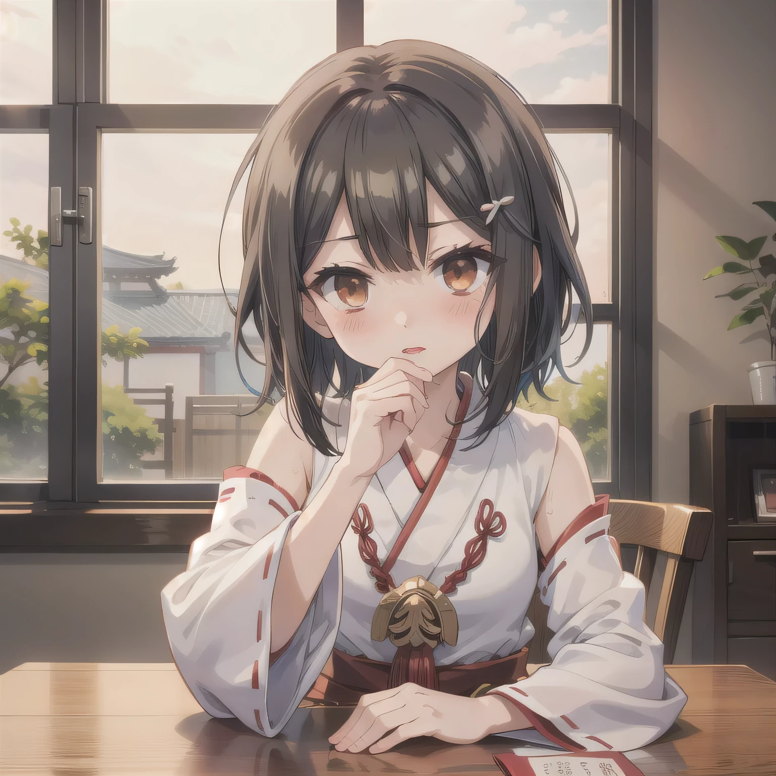 A 2D anime-style portrait of a beautiful girl with translucent skin and softly expressive eyes, gentle blush, subtly glowing gradient hair, delicate emotional line art with soft shadows, evoking a melancholic and enchanting mood. She is wearing a traditional red and white Japanese shrine maiden outfit (miko attire), sitting on the edge of a simple bed in a modest Japanese business hotel room. On the table nearby is a moist hand towel. She leans slightly forward, holding both hands playfully in front of her mouth, as if imagining holding something big and delightful. Her lips are softly parted, and she has a cheeky and flirtatious expression. No food or objects are being held. Dark hair, short hair, short braids, side locks, brown eyes.