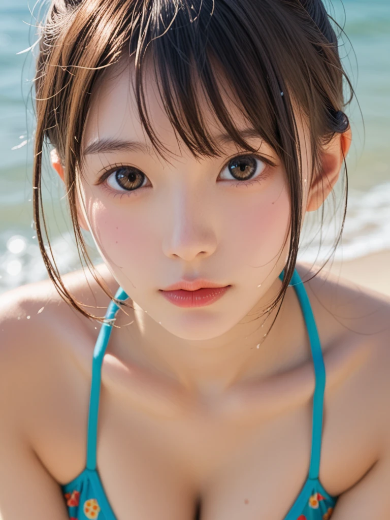 ((top-quality、Top image quality、超A high resolution))、18year old、独奏、((small tits:1.8))、flat breast、small tit、cute smile face、with round face、blondehair、short-cut、childlike 、Ultra-detailed and beautiful skin、Realistic and beautiful skin、Sandy beach and blue sky on background、Pink Micro Bikini、Super detailed and beautiful face、Young models