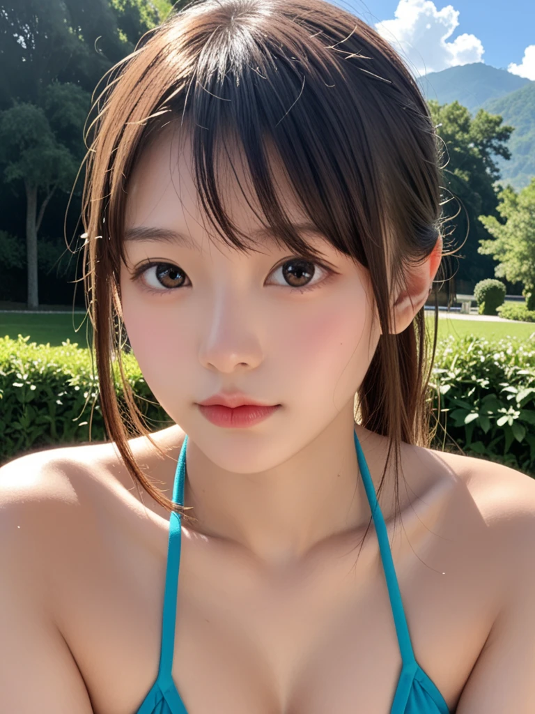 (From below:1),1girl in,(Leaning forward:1.3),Light Brown Fringe Longhair、Braided hair、disheveled hair、Light brown eyes、(dignified expression)、(Colorful Micro Bikini),(爆乳)、Emphasize the valley、the beach、Palm trees、blue-sky、(Photorealsitic)、(intricate detailes:1.2)、(masterpiece、:1.3)、(top-quality:1.4)、(超A high resolution:1.2)、超A high resolution、(A detailed eye)、(detailed facial features)、(selfee:1.2)
