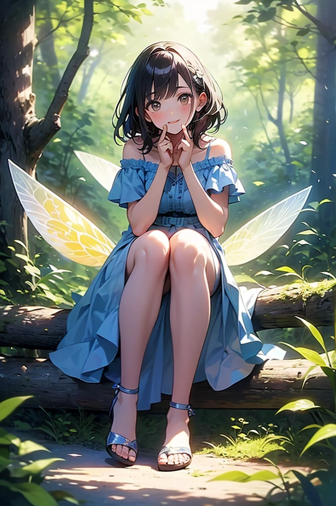 1 beautiful girl 20 years old, anime girl, walking in a field of flowers, blue sky with white clouds, artistic fairy costume green mini dress, low-cut and sleeveless dress, crystal high heels, defined hands and legs, full body, looks like a sexy model, a pair of translucent wings, butterflies around, big round breasts, glossy lips, cleavage, high heels, brown hair, hair over shoulder, wavy hair, asymmetrical bangs, hair one side up, expressive hair, hair behind ear, hairband, leaf hair ornament, aqua eyes, pupils sparkling, crystal earrings, pointy ears, smile, blush, fingersmile, seductive smile, naughty face, Color Field painting, high detail, anime, dithering, image fill, first-person view, wide shot, from above, perspective, Wide-Angle, f/1.8, 85mm, Canon, 8k, super detail, UHD, anatomically correct, masterpiece, high quality