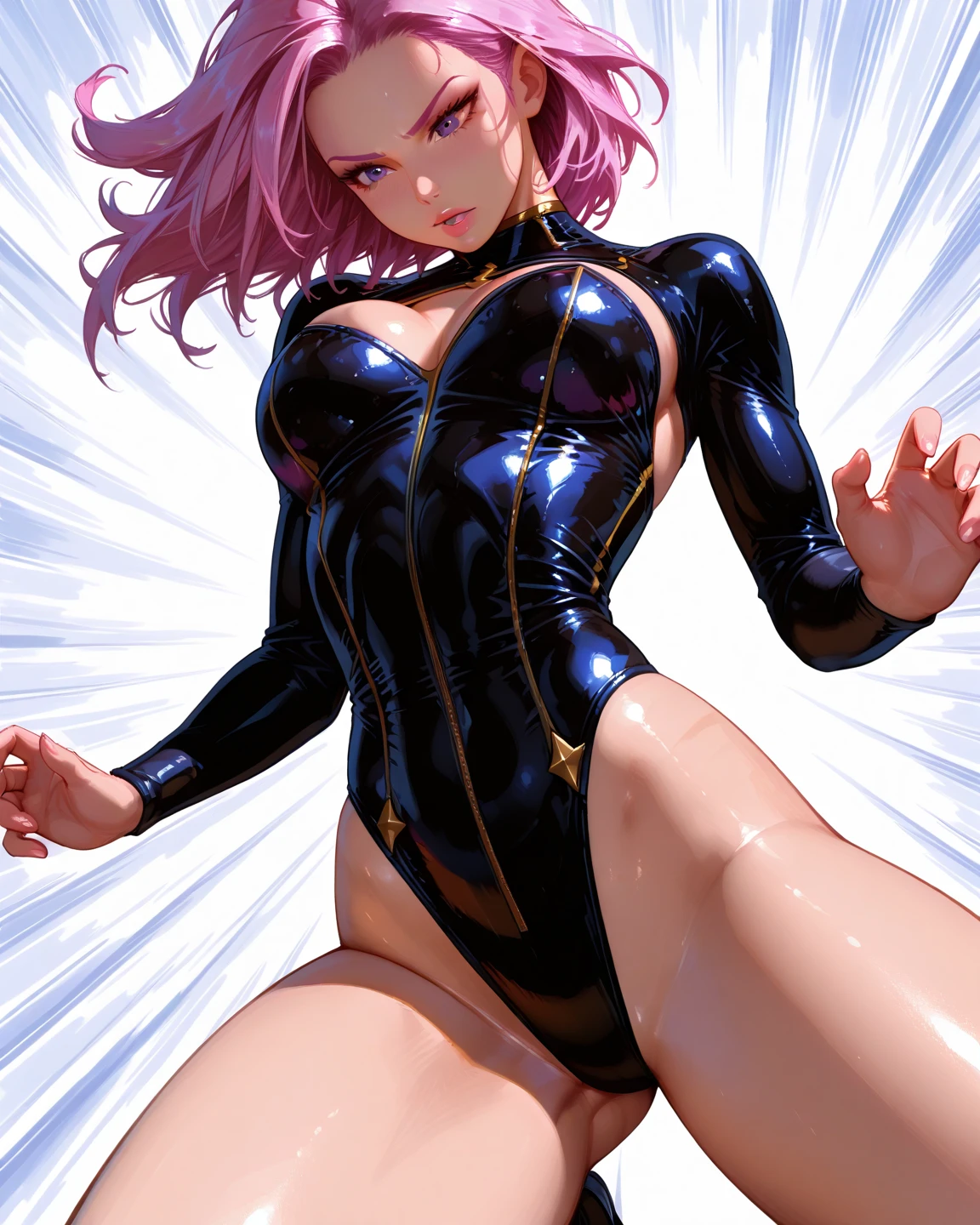 ((Best Quality)), ((masutepiece)), (Detailed), Perfect face, Short-cut hair, A pink-haired, Straight hair, Silver costume, Sexy costume, The costume is made of metal, Black eyes,