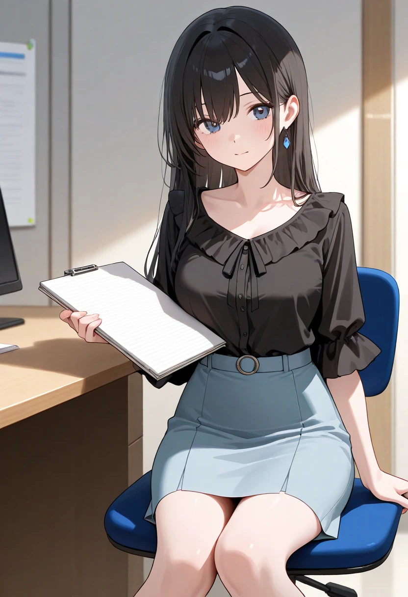 Young woman in office uniform smiling at the camera。She was wearing a white blouse and a dark blue tight skirt.、Straight hair down to the shoulders。In a corner of the office、A chair with a backrest and a desk are visible in the background.。The room is bright、She places her hands on the counter and twists her body slightly.。The overall atmosphere is clean and professional.。