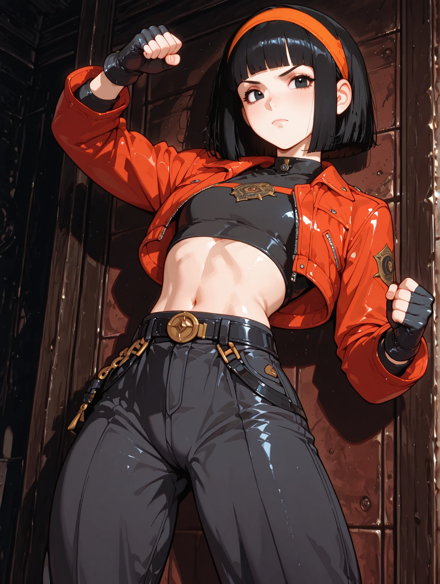 One girl、masterpiece、top quality、uncensored、32k、masterpiece、full five fingers, pan xeno, short hair, bangs, black hair, gloves, navel, jacket, hairband, open clothes, black gloves, midriff, belt, pants, blunt bangs, black eyes, crop top, black shirt, red jacket, cropped jacket, orange hairband,face up,cute smyle,battle pose,battle pose,wilderness, clenched fist