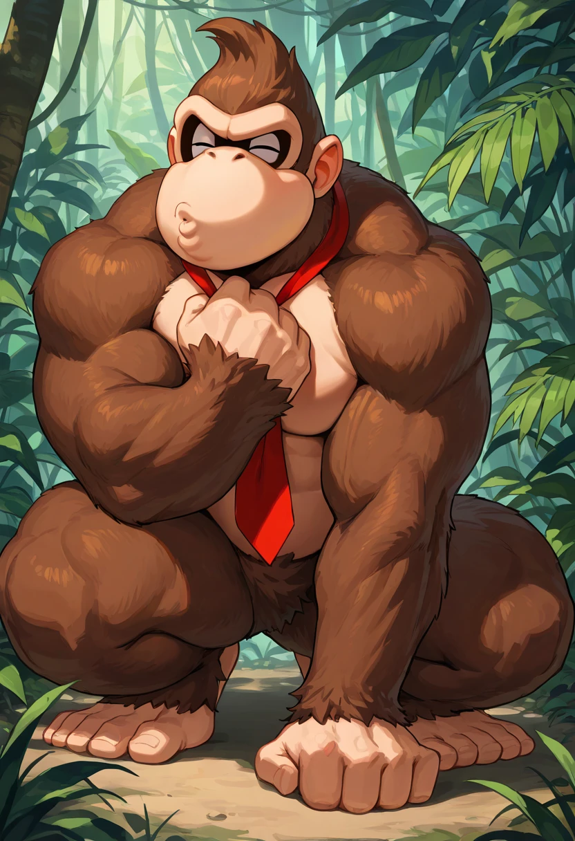 masterpiece, best anatomy, best quality, male, solo, jungle, bananas, tree house, dkong, red necktie, gorilla, furry, no humans, brown fur, donkey kong, best anatomy, best quality, (by null-ghost,by darkgem,by pino daeni,by zoroj, by redrusker), (furry art, soft shading:1.1), bara, (broad shoulders, narrow waist:1.05), 5 fingers, ,standing in a bedroom, masterpiece, Ultra highest quality, unreal engine, trending on ArtStation, Intricate, Ultra heavy High Detail, dramatic, realism, erection, thick cock, realistic, sitting, muscle, furry, day, looking_at_viewer, Ultra heavy detailed eyes, Ultra heavy detailed body, Ultra detailed heavy face, Ultra heavy detailed cock, Ultra heavy detailed balls, expressive, masculine,