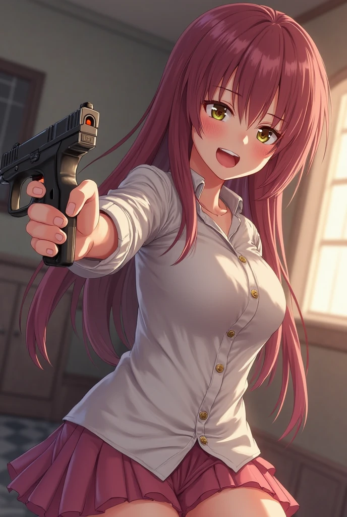 gorgeous, lovelypajama, bright room, comfortable bed, lovely pillow, warm lighting, aiming pistol , cleavage, stunning body, ultra detailed face, glowing lips l, glowing eyes, open pajama