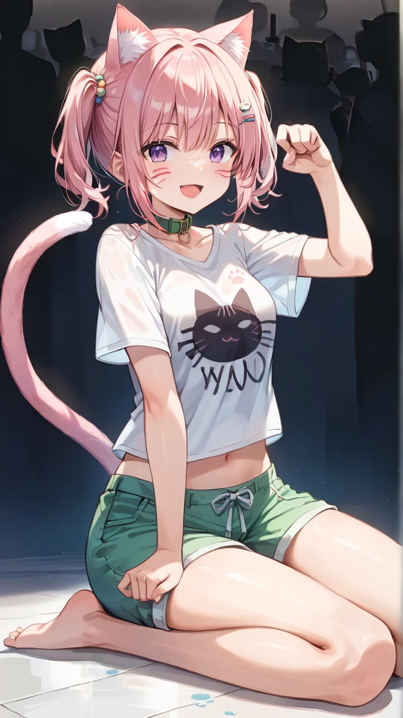 NSFW,Very beautiful and shining eyes、shining eyes、1 girl、small breasts、big mouth、high school girl、small breasts、Cat ear、Transparent pink short hair、scarf、hot pants、transparent clothes、childish clothes、7 year old girl