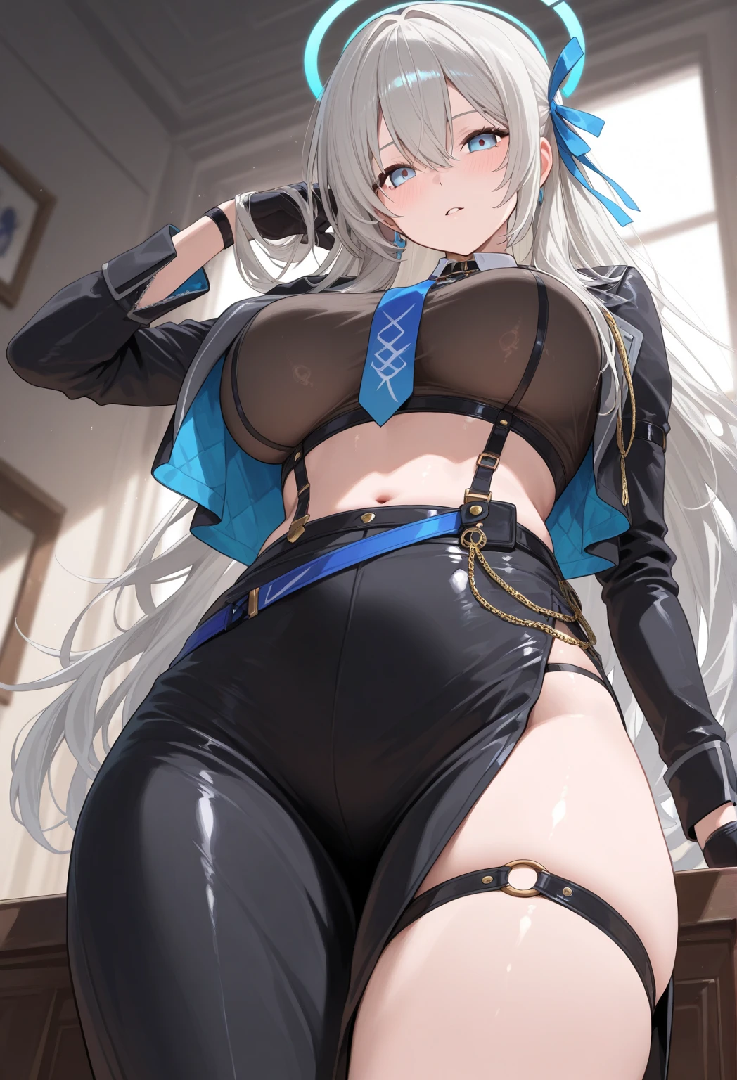 beautiful girl,White long hair,curls,Blue pupils,An expression of disdain,(battlefield),Field,(Dilapidated buildings),White tights,(Tights),(Energy core),White knee socks,belly button,Leather lace-up boots,(pubic)