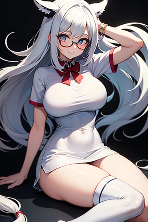 （tmasterpiece，best qualtiy）， cute female child， （kawaii：1.1）， bit girl， 校服， whitethighhighs， double tails， cowboy lens，revealing white panties，huge tit，White transparent stockings