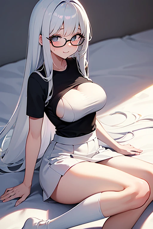 1Girl, 24 years old, Solo, Anime, Ideal body, (Cleavage, (Small breast:1.1), (Hard nipples:1.1). Beautiful, Gorgeous, Fresh, Flesh, Blunt Bangs, (White Grey Hair:1.5), (Straight and Wavy Long Hair:1.3), (Casual:1.5), Shirt, Cloth, Formal, Dating, (Pantyhose:1.5), Off-Shoulder, Oversize, Comfort, Loose, Fabric Texture. (Seducing Pose on bed:1.3), Open cloth, Eye Glasses, Nerd, Earrings, Thin Black Headband, Green Accessories, Environmental Details, Bed Room, Natural Light, Modern Bed, Chair, Window, White Curtain, City View. pov, anime style, UHD, retina, masterpiece, accurate, anatomically correct, textured skin. High Resolution, Looking at the viewer, Blush, Best Quality, Award Winning, Accurate, Embarrassed, seductive smile, sweating, Naughty Face, Chin up, lips open, Gradient Eye Color, Sexy Pose. In the top view shot, in front of a camera, looking up to the viewer, licking lips. From Above, (sticky goo on breast), (goo on body), (sweating).