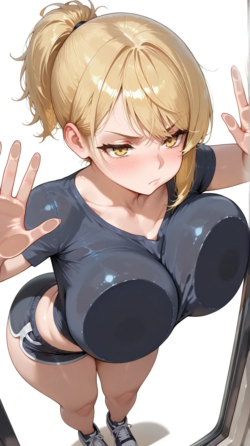 masterpiece, highest quality, One girl,1Middle-aged fat man, kaoruko, Brown Hair, Brown eyes, Twin tails, hair ornaments, Large Breasts, blush,With legs apart、 Kissing Scene、Deep Kiss,Put your hands around your waist,leotard, Simple Background