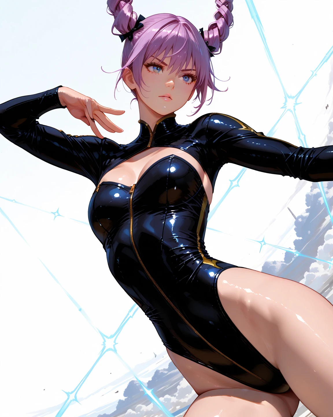 （master-piece，sidelit，Beautiful eyes：1.2），（master-piece*sportrait），sportrait，Bust，（Bust），Lifelike，anatomical correct，3D脸，luscious skin，（solo），Hair with pick-dye，Gradient hair，（closeup at the face），Lovely face，（Fire opal-like purple eyes），Hanging eye corners，（（High Detail Skins，Visible pores）），（Perfect body），A beautiful girl，small  breasts，（（pilot_suit）），（Neck ring），very short gloves，（chain）