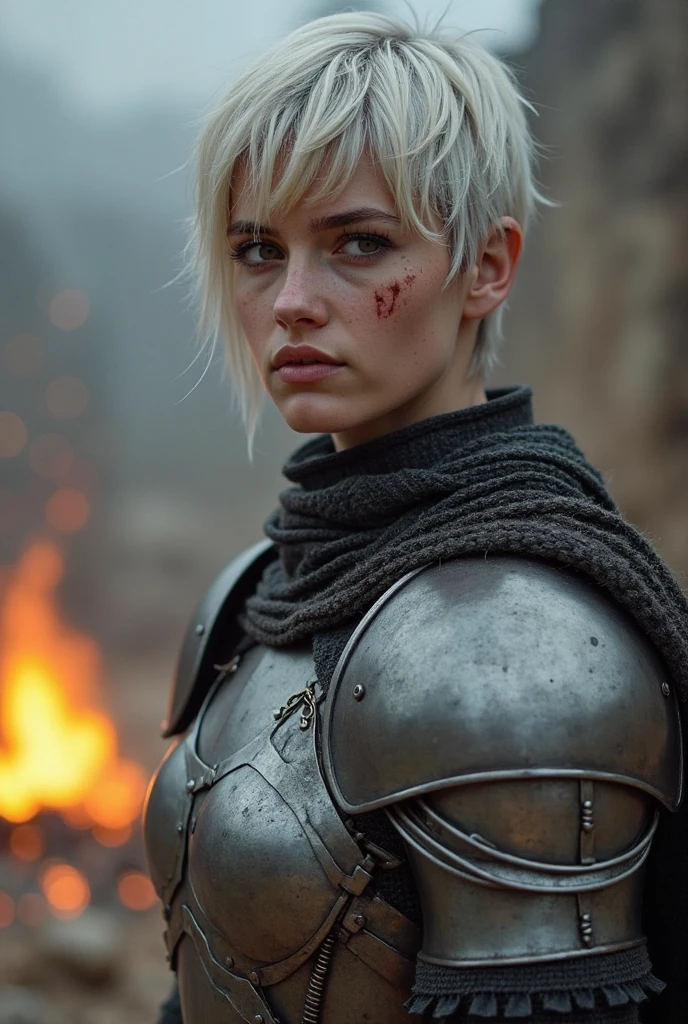 masterpiece , A woman, on a field, ( light white short hair:1.2), (Red eyes:1.2), (crossed:1.2), (look at the viewer:1.2) , (8k, best quality 1.2), ultra detailed, 8k uhd, Soft lighting, high quality, film grain, beautiful lighting, cinematographic ,perfect body , better lighting, best shadow, sharpness, contrast, red glasses, messy hair, , absurd and detailed face, steel armor, great sword
