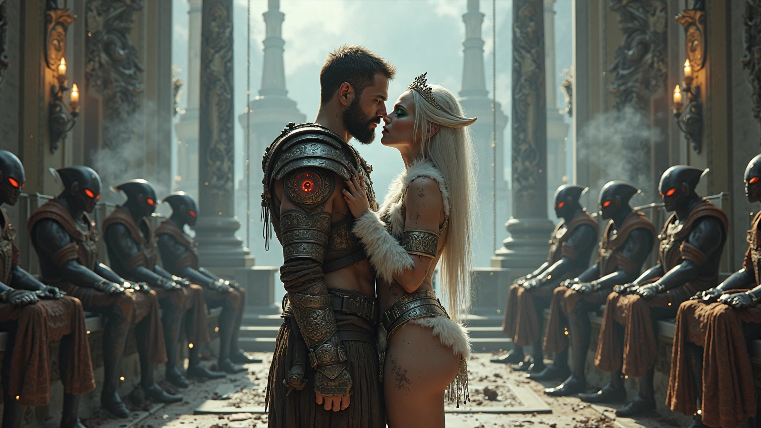 cinematic style images. shorts. Sue Storm from the Fantastic Four, 2, blonde with long yellow hair, blue eyes, athletic body, voluminous bust, strong legs, with the number 4 tattooed on her thigh, wearing a short white wedding veil, wearing a white bra, white panties, short lace gloves, transparent white thigh-high stockings, white high heels, is bending over with her hands resting on her knees to kiss the Mole Man, a short man in his 40s, who is wearing a brown jumpsuit, a brown turtleneck cape, welding goggles, brown boots and a staff in his hand. The scene is seen from the side. The setting is an underground palace decorated with blue stones on the columns.