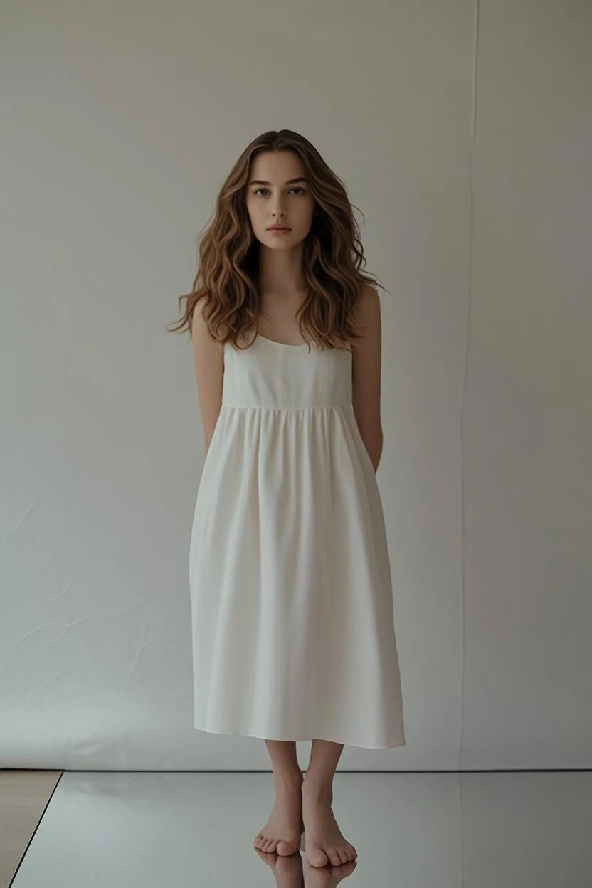 her name is Anna Maria Schmidt, high quality, ((white pale skin)), 1girl, ((20-year-old fit Caucasian woman)), ((20 years old)), ((fit)), ((brown hair)), pose: standing, wearing unique stylish chemise, BACKGROUND: indoor minimalist dark bathroom at night, ugly smiling, standing, cranky waves