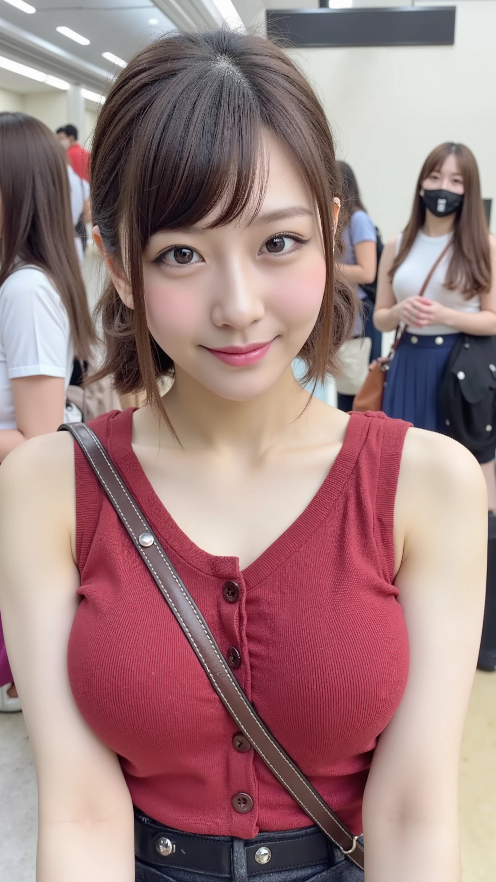 A photorealistic image of a Japanese woman meeting her lover at a busy train station in Japan during summer. The station is bustling with people. The woman has short hair, with one side tucked behind her ear, where she wears a silver earring. Her skin is fair and translucent, giving her a clean and mysterious appearance, like someone from a cosmetics commercial. She is dressed in a summery outfit: a frilled blouse and a long flowing skirt. She carries a shoulder bag worn diagonally across her body, with the strap running between her chest. She smiles with relief and happiness as she sees her lover arrive. The image is composed from the front, capturing the emotional moment and the vibrant atmosphere of the station.