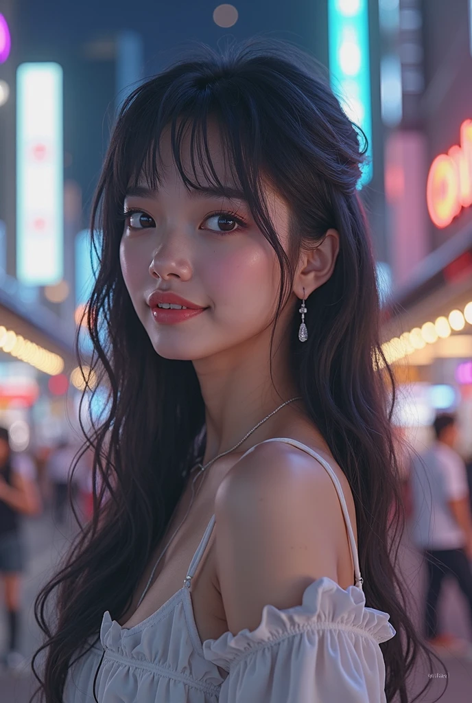 8k, top-quality, （pubic hair beauty）、hight resolution, realisticlying, realperson,　Red Light District at Night、There are many signboards、The light on the sign is dazzling、Dancing in different poses on stage、The best smile、Fun and smiling、One young and beautiful girl、Reveal madness、I'm ?????????? and screaming and feeling、high-heels