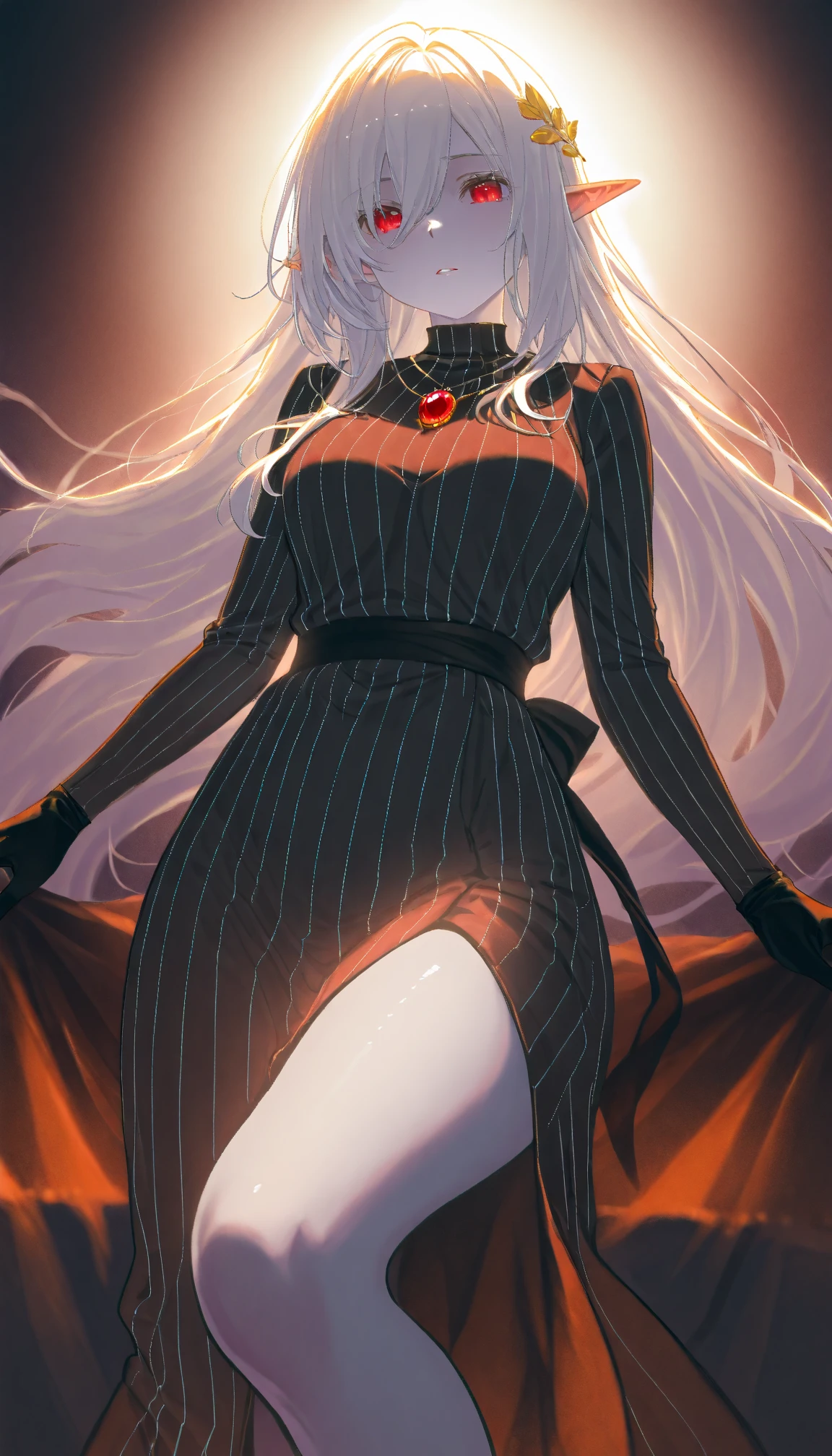 (masterpiece, Highest quality:1.4), One girl, (Mature Woman:1.2), Mature Woman, Aggressive women, White fox ears, Gray Hair, (Very long hair), (Hair on one eye:1.2), Red eyes, Sharp eyelashes, Sharp eyes, (Nun's Cassock:1.1), Black garter belt, church, indoor, Cowboy Shot, Side Lighting, Dynamic Angle,