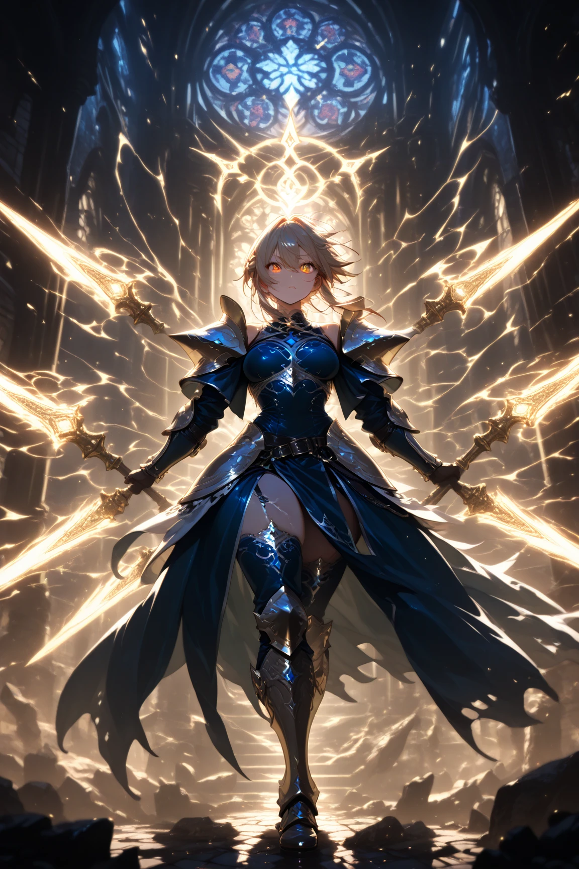 (Masterpiece:1.2), best quality, (illustration:1.2), determination, action scene,(Masterfully crafted Glow, lens flare), (ultra-detailed), hyper details, (delicate detailed), (intricate details), (cinematic light, best quality Backlights), clear line, solo female,(holding glowing Excalibur), solo female, perfect body, (1girl), bioluminescent hair, glowing eyes, (Sword maiden, medieval armour),(supermodel:1.1), slightly close eyes, battlefield, (Dynamic:1.2), ((makeup)), high contrast, (best illumination, an extremely delicate and beautiful), ((cinematic light)), colourful, powerful, (Cinematic masterpiece), photoshoot, battle scene, gallant, splashes of colour, absolutely eye-catching, ((colourful paint splashes on background, dulux,)), ((caustic)), dynamic angle, beautiful detailed glow, (Captivating),(Intricate Detailed Cinematic Arena:1.2), (in battle),ambient occlusion, ambient light, ray-traced reflections, intricately detailed Damascus armour, (glowing sword), special attack, (glowing wisps), battle ready, Iaijutsu, subsurface scattering, Post-processing, sword in hand, Excalibur, light blade, legend, powerful attack, noble phantasm, Damascus, handle grip, master swordsman