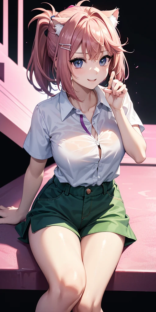 masterpiece, Highest quality, High resolution, Nakano Nino, One person, alone, Pink Hair, short hair, Big Breasts, Butterfly Hair Ornament, Large Breasts, Cleavage, Green Skirt, White shirt, Collared shirt, Open clothes, Black knee socks, Short sleeve, Skirt Lift, View your viewers, Irritation, blush, whole body, Are standing, Simple Background, Put your arms behind your head, (Sexy pose:1.4)