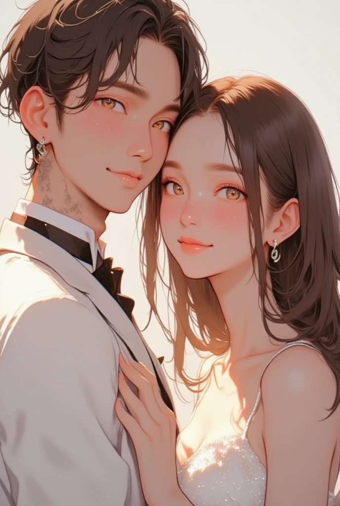 (table top, digital illustration, like the photo、4k, 8k, Super detailed, beautiful images, clear image, perfect face, perfect lines, perfect eyes, soft lighting) 1 female, (light brown hair,chignon hair,innocent look,droopy eyebrows,droopy eyes、With a round face,round chin、innocence,cute,Big eyes,natural makeup,smile gently,E cup,23 years old:1.3),Two handsome men in suits, (human,man in suit,muscular、solid shoulder width, boyish hairstyle,A man in his 30s with a cool expression,28 year old man with a bright smile:1.2),garden full of light、lots of flowers、colorful flower light,(embarrassing,shy smile:1.2),kiss、Couple kiss、romance porn、couple of man and woman hugging each other、flower shop