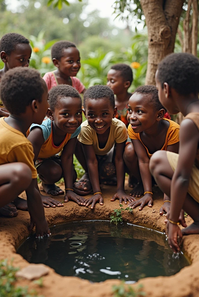 Create an image titled "Clean Water for African Children." The scene should depict a group of joyful African children gathered around a water pipe. The pipe should be flowing with clean, clear water, and the children should be using their hands to drink directly from it. The children should have bright, happy expressions, reflecting their excitement and gratitude for having access to clean water. The background can include a simple, rural setting with natural elements like trees or a village in the distance, emphasizing the significance of this life-changing resource.