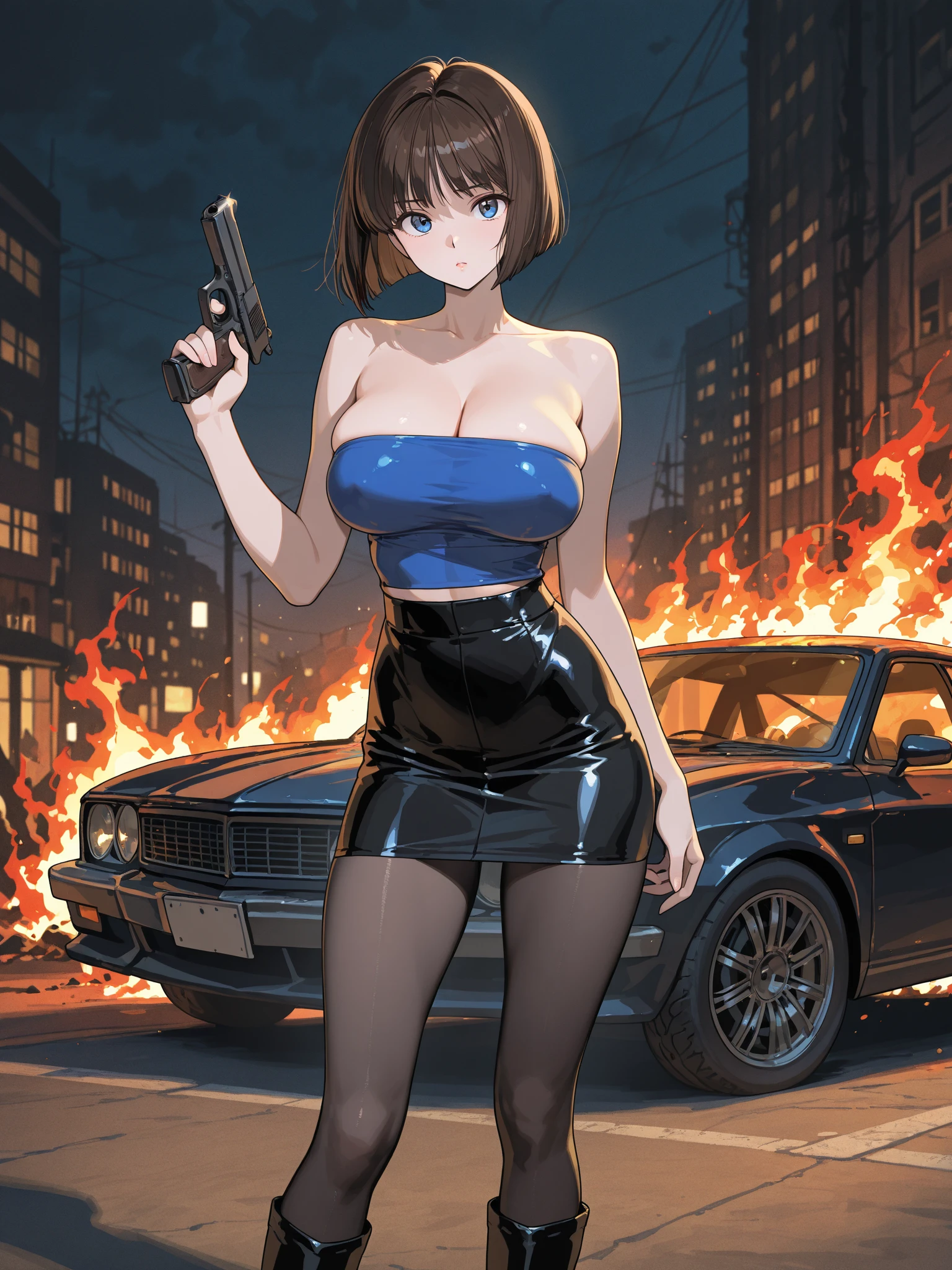 ,Khyleri style, large breasts, elster, jumping, pistol, black hair, open mouth, armpits, short hair, best quality masterpiece
