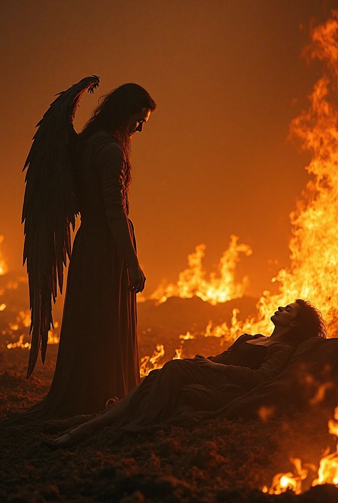 Create photo of crying angel with background on fire and a fallen man and a coffin thrown on the ground