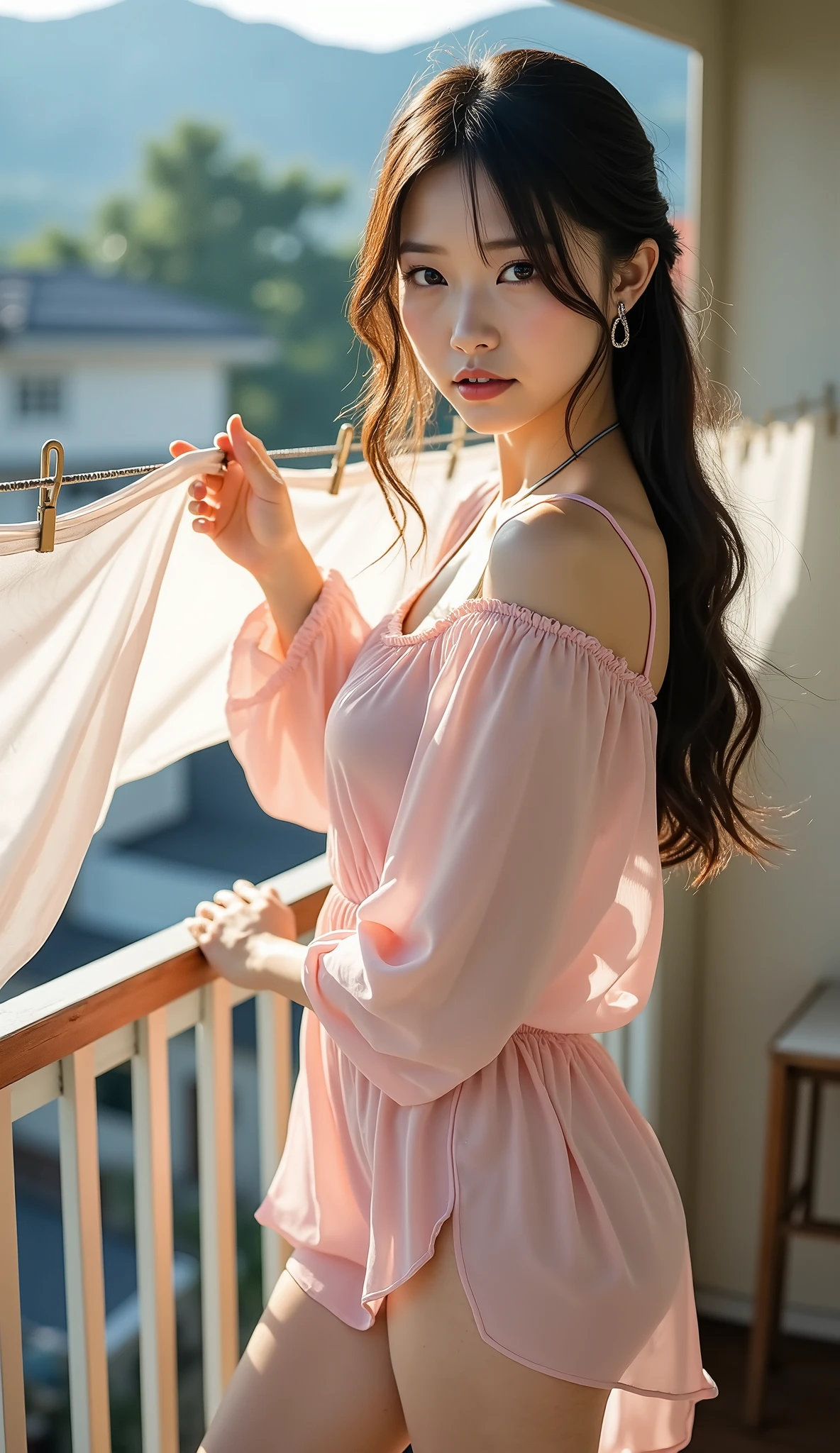 ((Photograph the whole body from the front at an angle:1.5))、(Japanese woman who is petite and looks cute like a young idol)、At home2Floor balcony、drying laundry、((hanging laundry on a clothesline))、((light pink sleeveless loungewear with chiffon fabric))、((light pink shorts made of chiffon fabric))、((Beautiful thick thighs))、((Barefoot))、piercings、white skin、with beautiful dark hair、straight long hair growing to the waist、no makeup、(DYNAMIC POSES:1.4)、(Beautiful huge breasts)、Accurate depiction of hands and feet、RAW pictures、16K、Reality、professional photography techniques、Ultra High Definition、16K、Real Photo